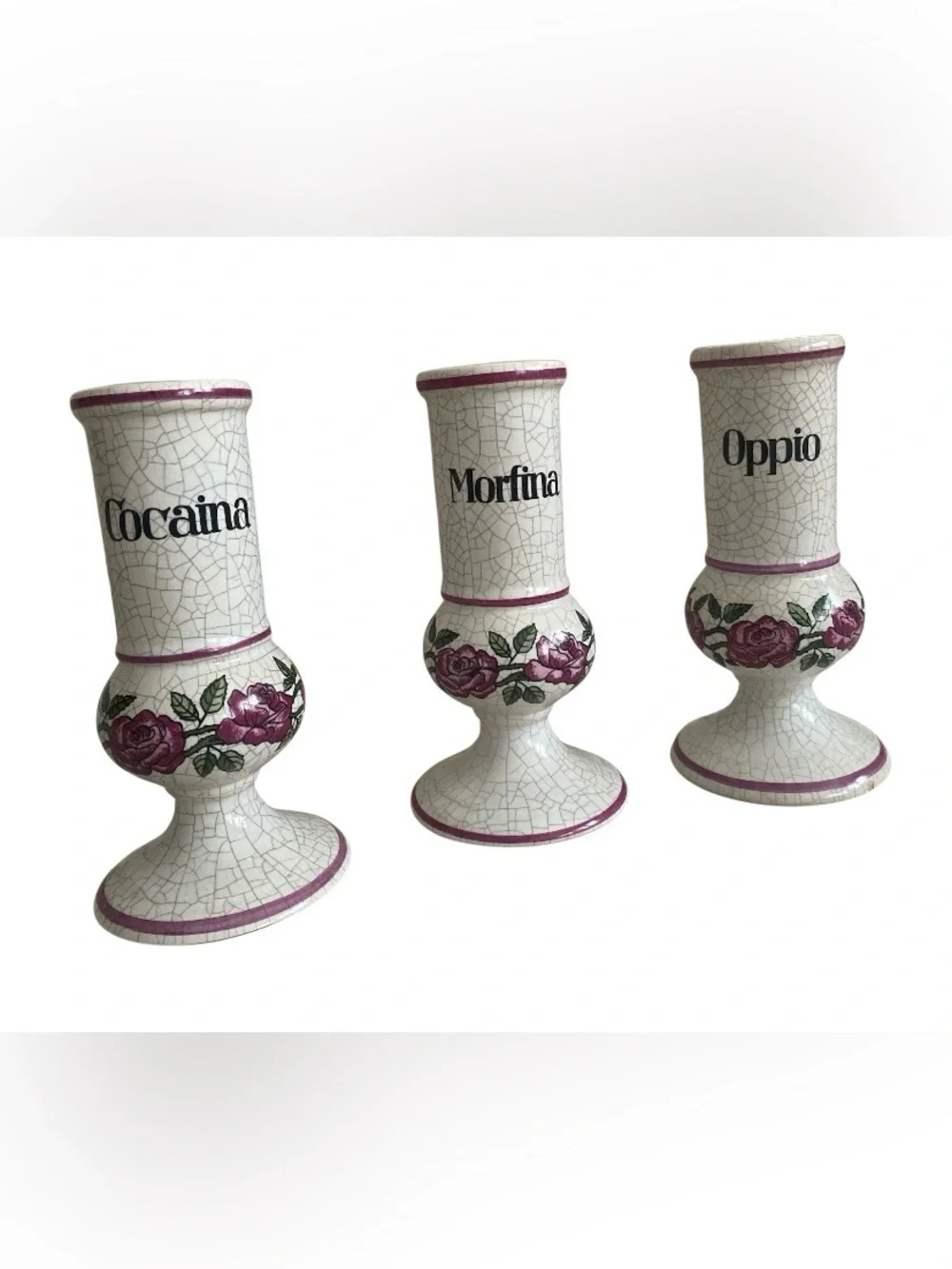 Rare Set of 3 Vintage Herr Keramik German Apothecary Jars Cocaina Morfina Oppio